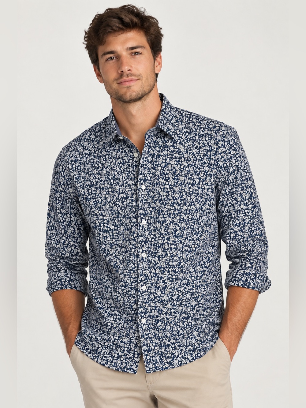 American Eagle Slim Fit Long Sleeve Button Down Shirt Men XL Ditsy Floral Blue
